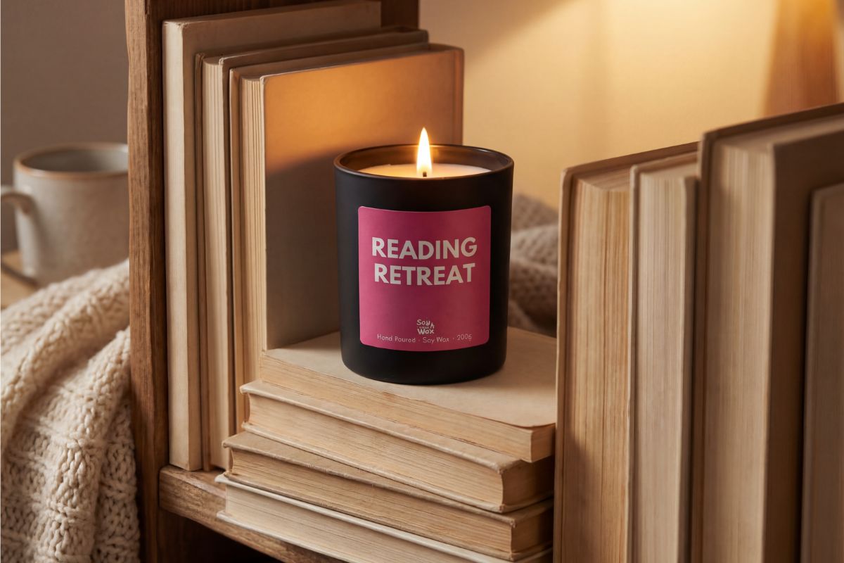 Reading Retreat soy candle lit on a wooden bookshelf surrounded by stacked books and a cosy knitted blanket, creating a calm reading nook atmosphere for book lovers.