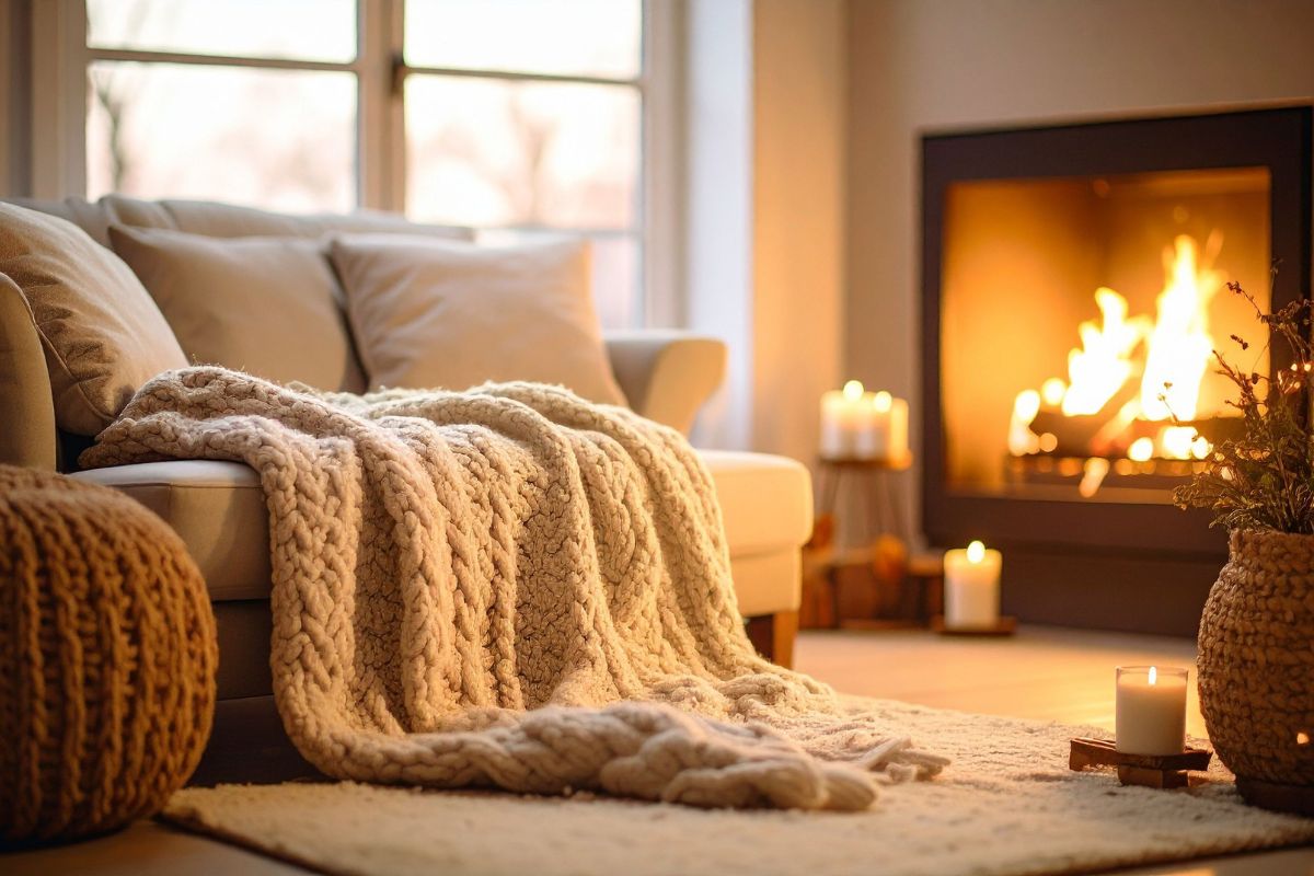 Cosy night in scene with a chunky knit blanket, lit candles and a crackling fireplace - perfect inspiration for a candlelit night in