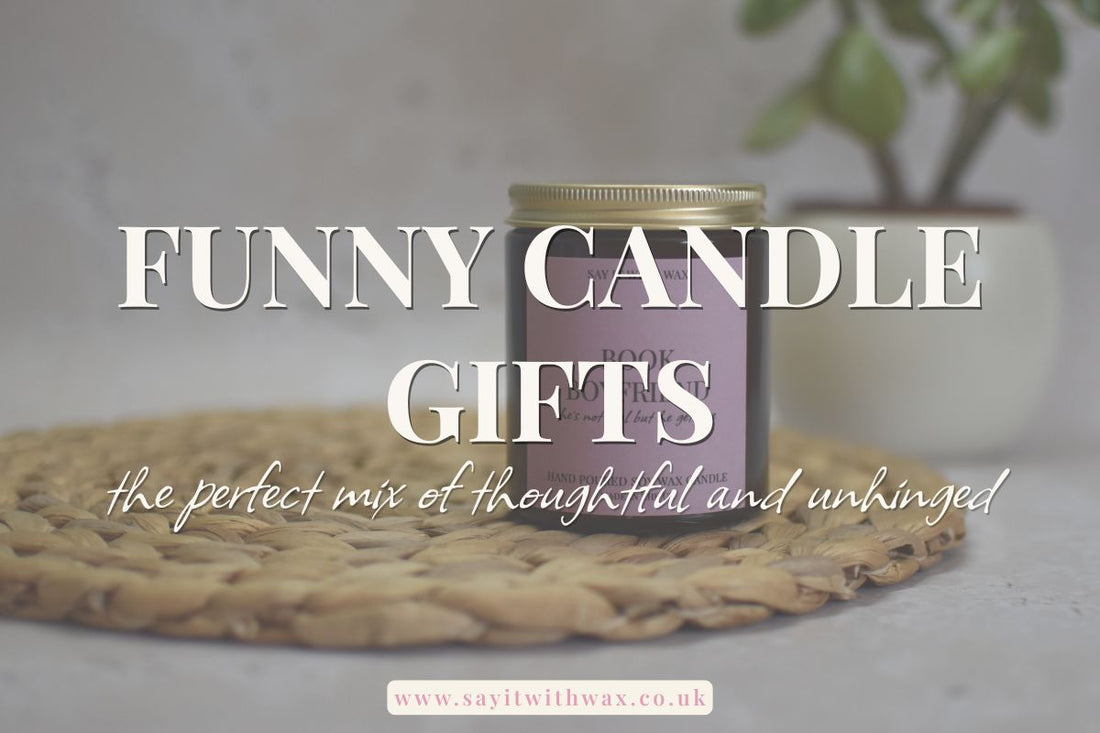 Funny candle gifts: a jar candle on a woven mat with bold overlay text.