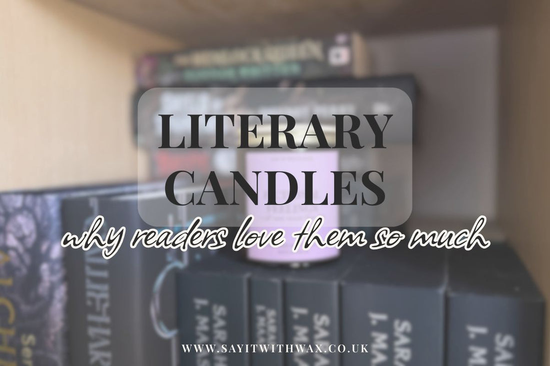 Literary candles on a shelf with a soft overlay reading “LITERARY CANDLES” and “why readers love them so much” against book spines in the background.
