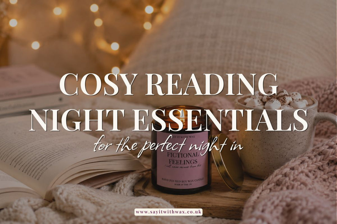 Cozy reading night essentials setup with a candle, a book, a scented jar and knitted throw for a comforting, relaxing evening.