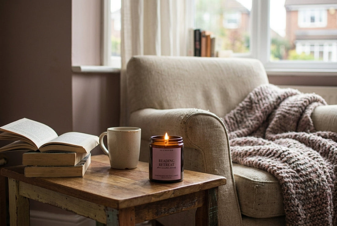Lit Reading Retreat candle on a wooden side table beside stacked books and a mug in a cosy budget reading corner