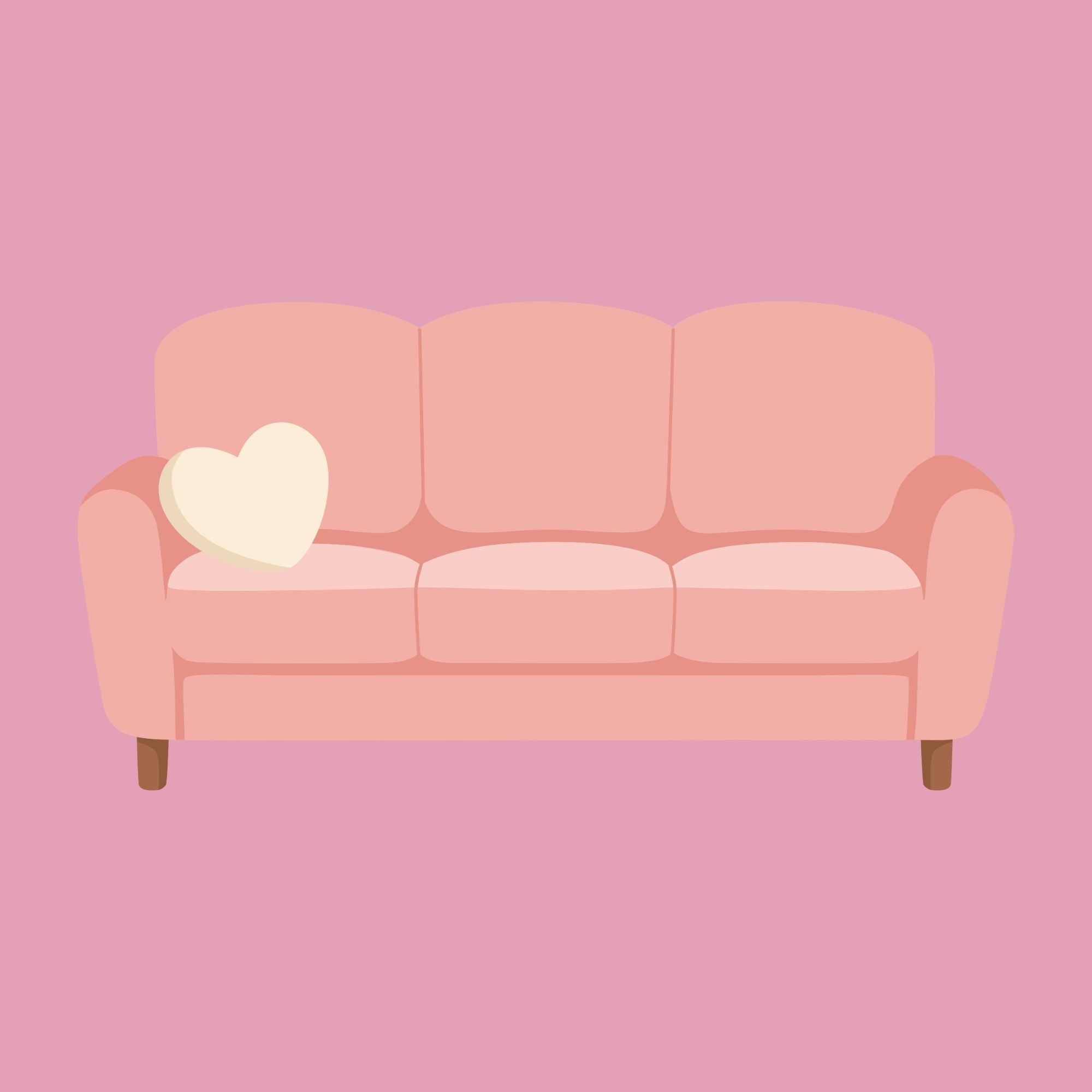 Illustration of a cosy pink sofa for the Find Their Candle introvert collection, featuring candles for introverts, homebodies and quiet nights in.