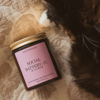 Social Battery: 1% candle by Say It With Wax with gold lid on, resting on a woven throw beside a curious cat, label reading 