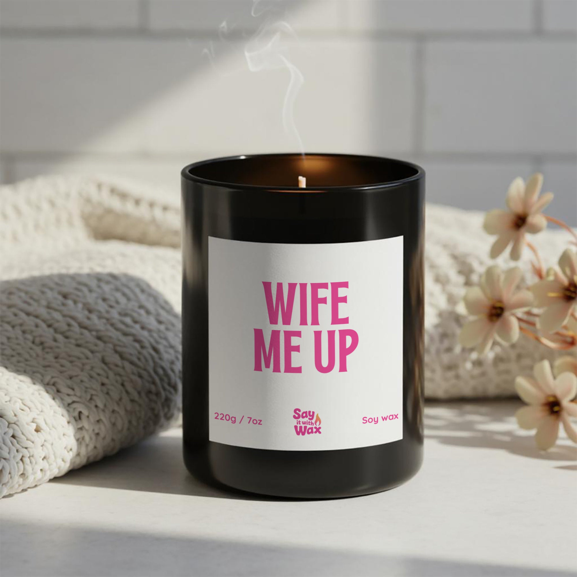 Wife Me Up soy wax candle in matte black glass jar with pink label and ash wooden lid, funny engagement, wedding and bridal shower gift