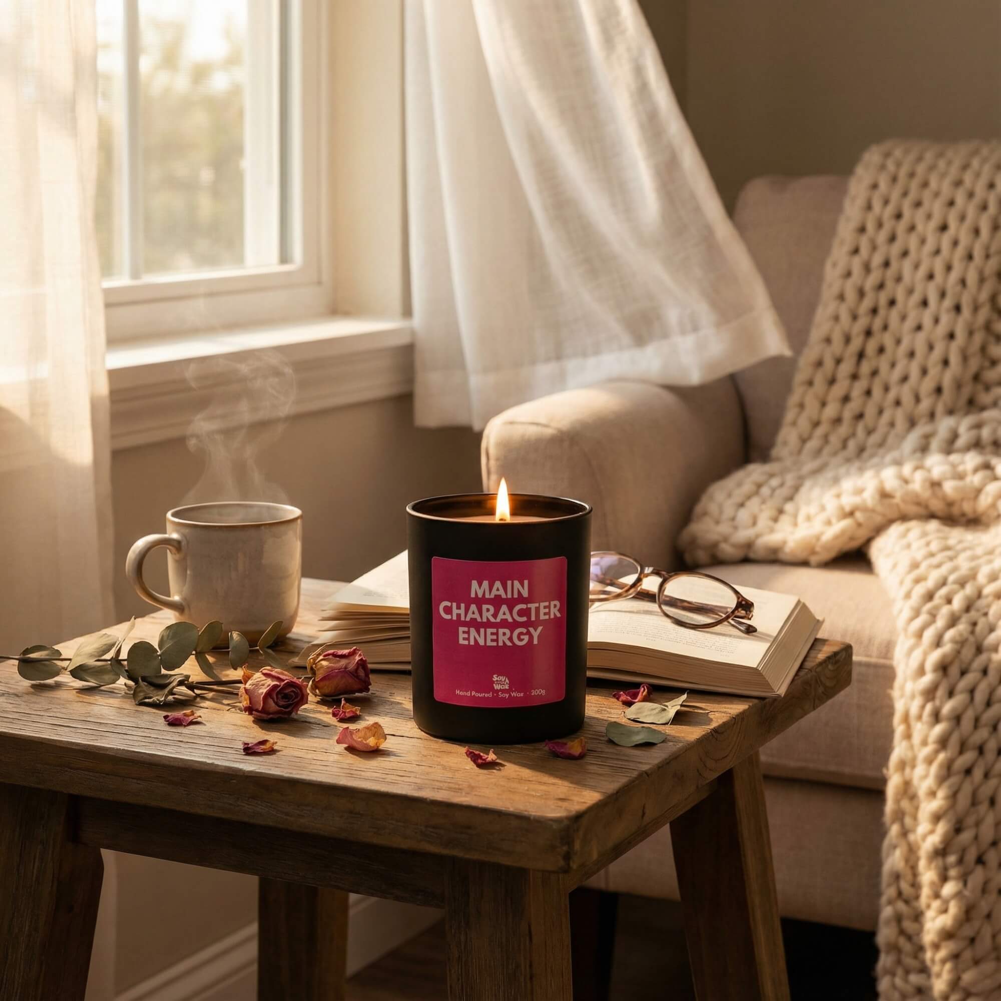 A lit black candle with a bright pink label reading “Main Character Energy” sits on a rustic wooden side table. Around it are dried rose petals, eucalyptus sprigs, an open book with glasses resting on the pages, and a steaming mug. In the background is a cosy beige armchair draped with a chunky knit blanket, and soft daylight filters through sheer curtains, creating a calm, comforting atmosphere.