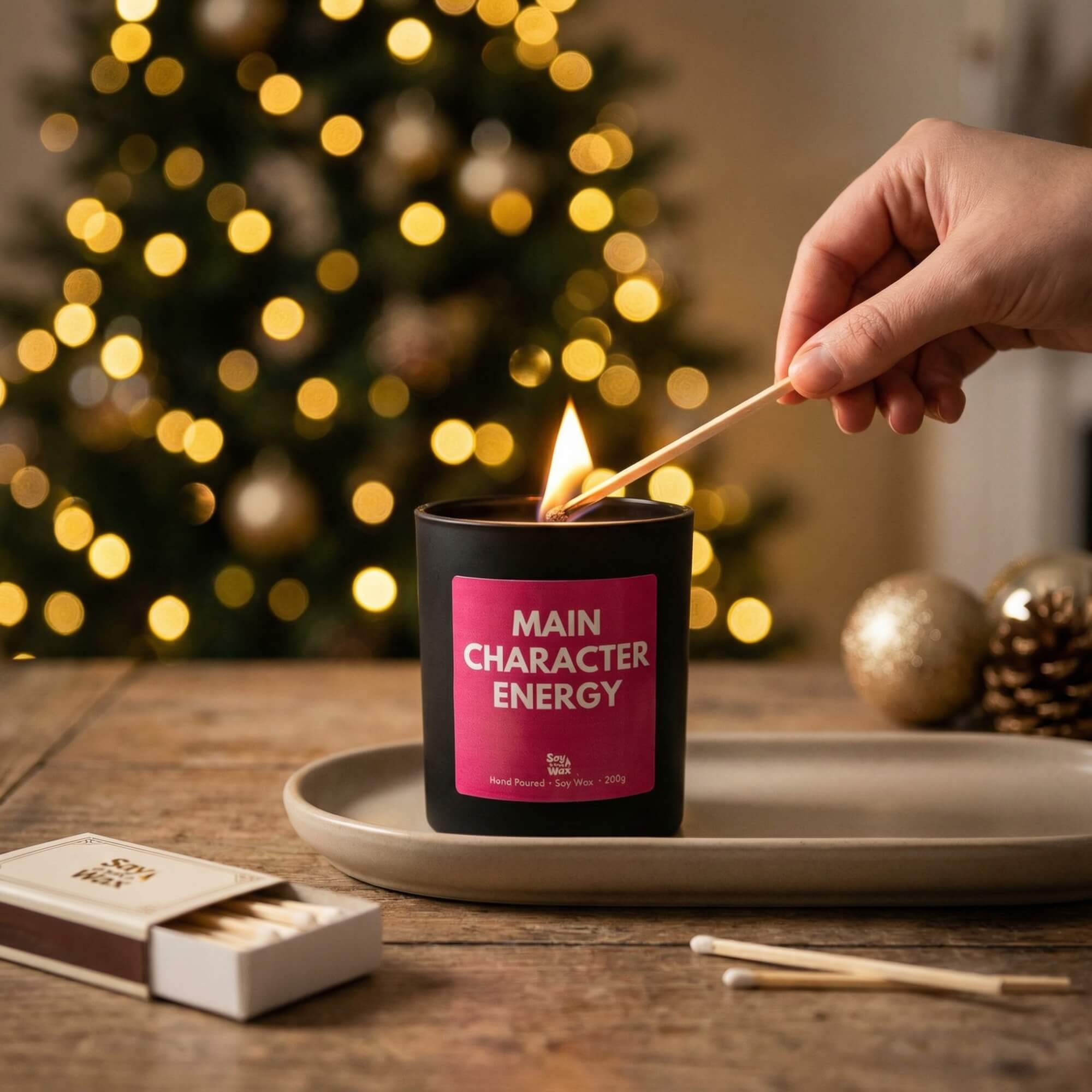 A hand lights a black candle labelled “Main Character Energy” with a long wooden match. The candle sits on a neutral ceramic tray on a wooden table. In the foreground is an open matchbox and a few unused matches. The background shows a softly blurred Christmas tree glowing with warm golden lights, creating a festive, cosy atmosphere.