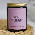 Funny introvert candle gift Social Battery 1%, soy wax candle in amber jar, cosy night candle for home, handmade UK gift idea